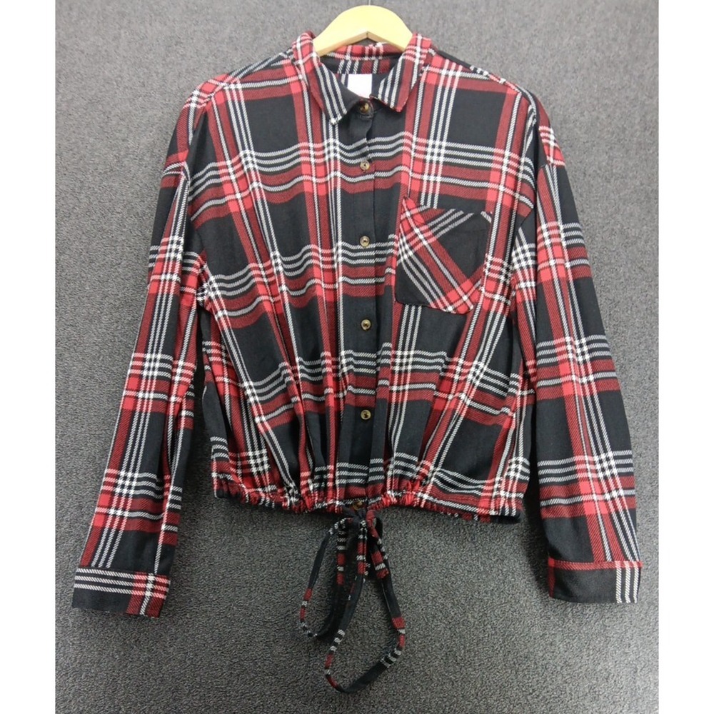 No boundaries size‎ XL 15 to 17 Juniors long sleeve top REd Cropped Plaid Cinch